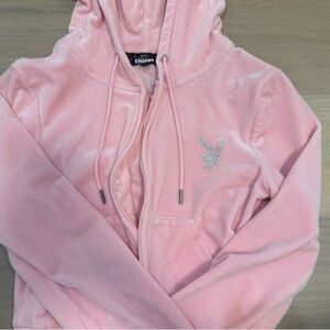 PLAYBOY Pink Velour Zip-Up Hoodie with Rhinestone Bunny